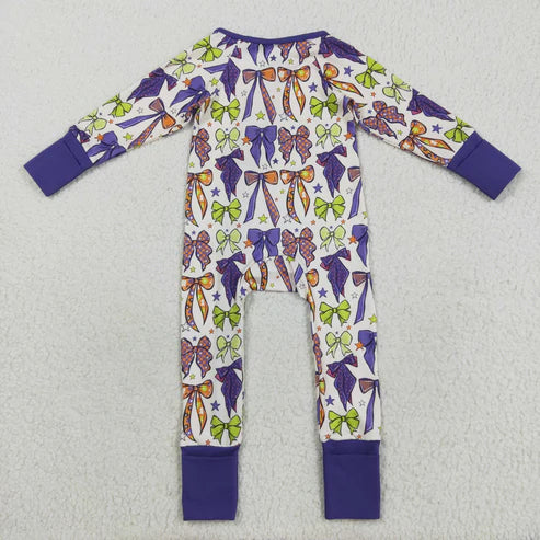 8.13 LR2403 Baby Girls Long Sleeves Purple Bows Plaid Zipper Pant Romper
