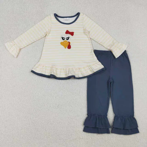 10.31 Sibling Baby Girls Stripe Embroidery Turkey Tunic Ruffle Pants Thanksgiving Set Footie Rompers