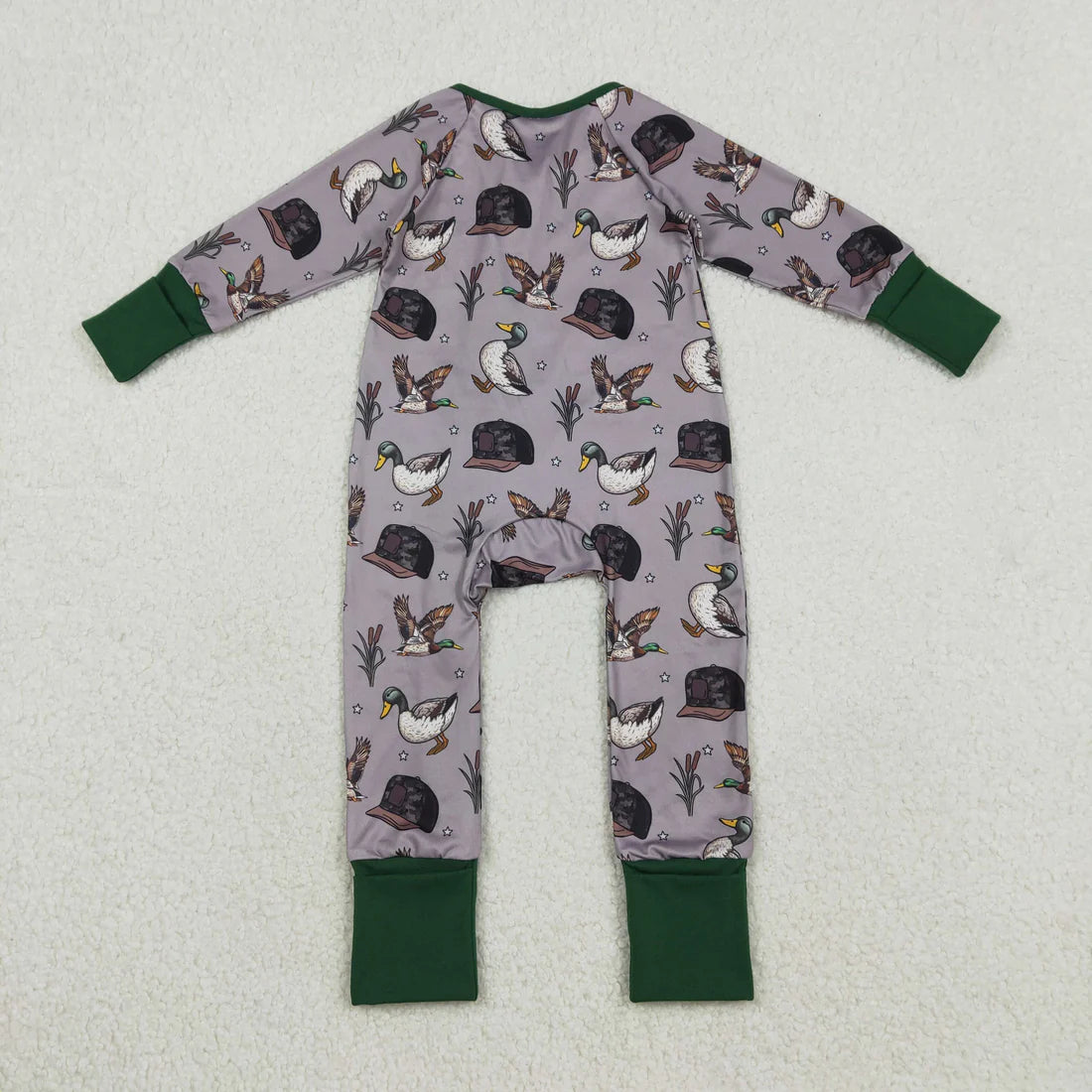 12.13 LR2886 Baby Boys Camo Hats Ducks Hunting Two Way Zip Convertible Romper