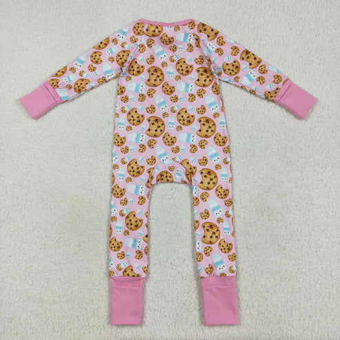 8.13 LR2398 Baby Girls Pink Long Sleeves Milk Cookies Zipper Pant Romper