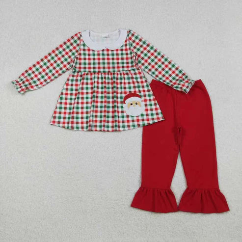 10.31 Sibling Baby Girls Red Green Checked Embroidery Santa Tunic Ruffle Pants Christmas Set Rompers