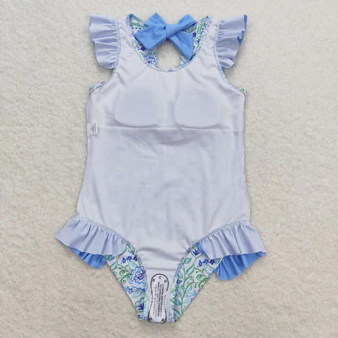 S0278 Floral blue and white lace one-piece swimsuit