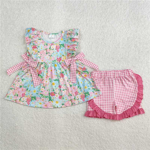 Sibling Baby Girls Blue Pink Flowers Rompers Dresses Outfits Sets
