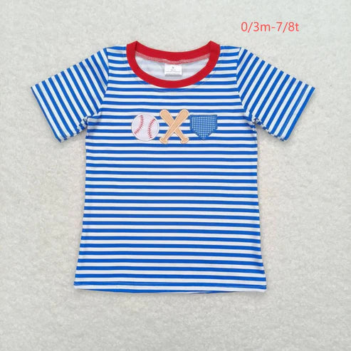 5.17 Sibling Baby Kids Blue Stripes Embroidery Baseball Short Sleeves Tee Shirts Top