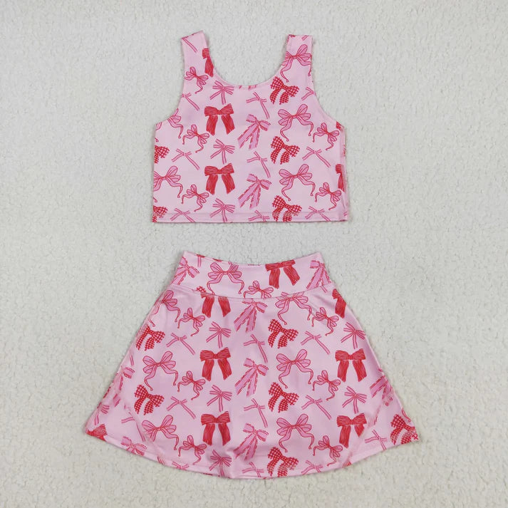 9.4 Sibling Baby Girls Sleeveless Blue Pink Bows Vest Top Yoga Athletic Skorts Sets