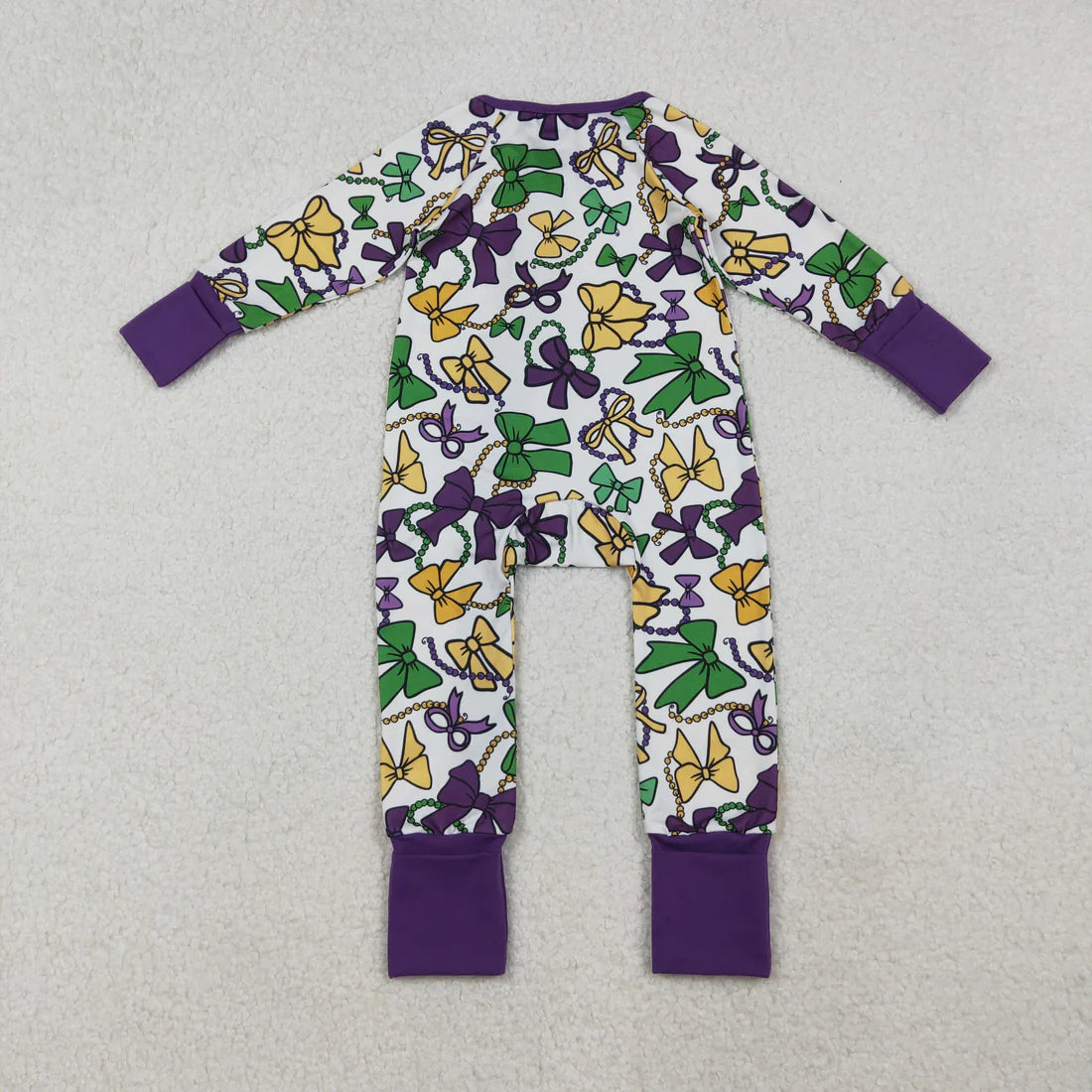 10.14 LR2678 Baby Boys Mardigras Bows Masks Zipper Footie Romper