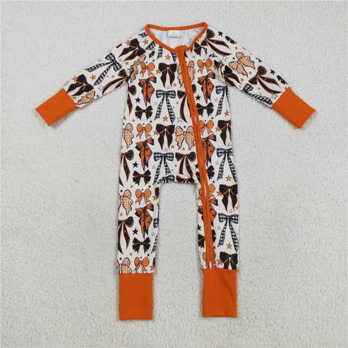 8.16 Sibling Baby Kids Orange Black Bows Stars Halloween Pajams Sets Zipper Footie Rompers