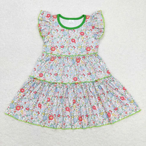 L-3.8 Sibling Baby Girls Flutter Sleeve Flowers Twirl Knee Length Dresses