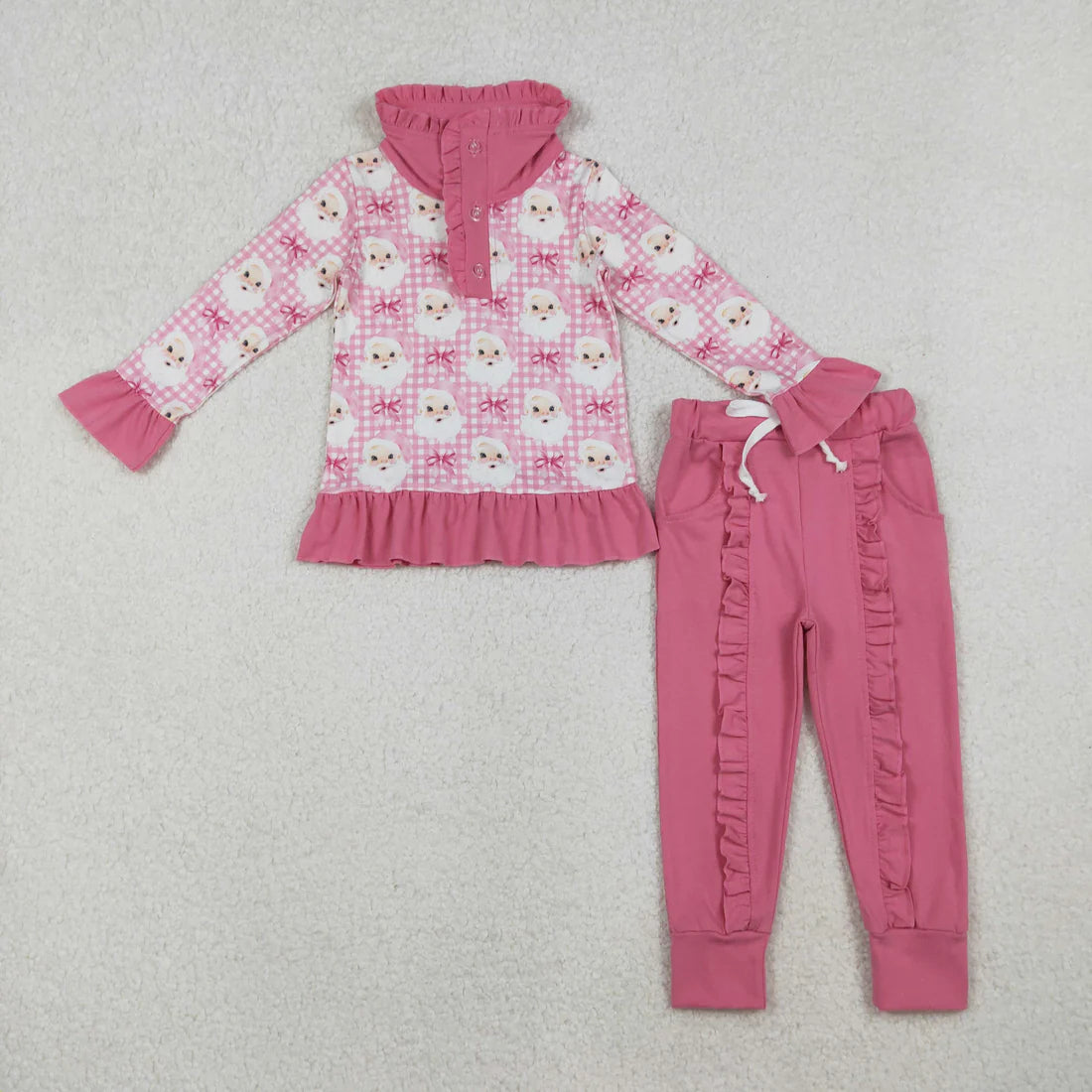 10.16 GLP2881 Baby Girls Pink Checked Santa Button Top Pockets Pants Christmas Clothes Set