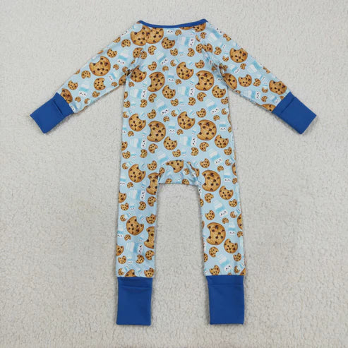 8.13 LR2397 Baby Boys Blue Long Sleeves Milk Cookies Zipper Pant Romper