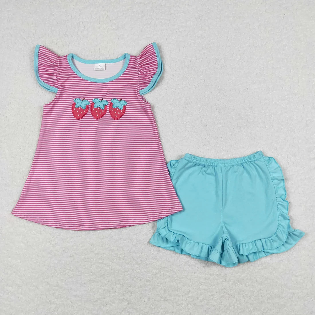 5.15 Sibling Baby Girls Flutter Sleeve Embroidery Strawberry Tunic Top Ruffle Shorts Clothes Set