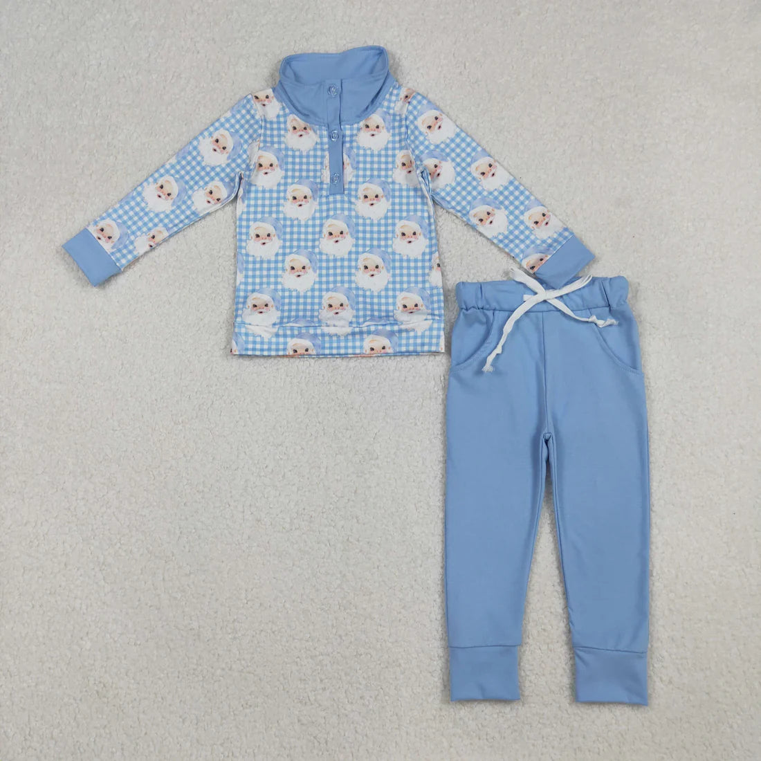 10.14 BLP1295 Baby Boys Blue Checked Santa Button Top Pockets Pants Christmas Clothes Set