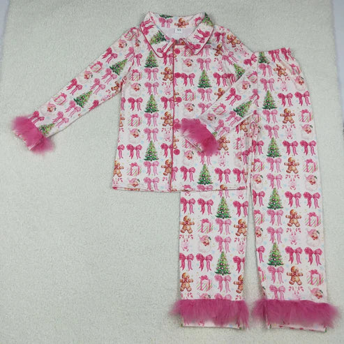 10.31 Sibling Adult Women Bows Santa Trees Button Top Pants Christmas Fur Pajamas Sets