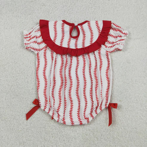 12.27 RTS NO MOQ(In Stock) Embroidered Baseball Red Bow Design Short-Sleeve Jumpsuit