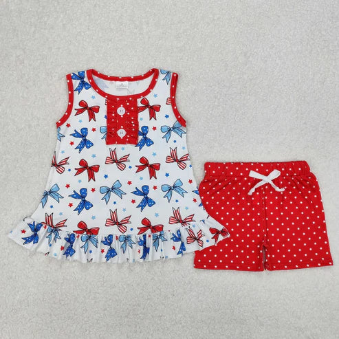 5.3 Sibling Baby Girls 4th Of July Bows Tunic Shorts Sets