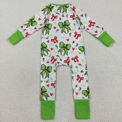8.13 LR2482 Baby Girls Long Sleeves Green Red Bows Hearts Ruffle Zipper Romper