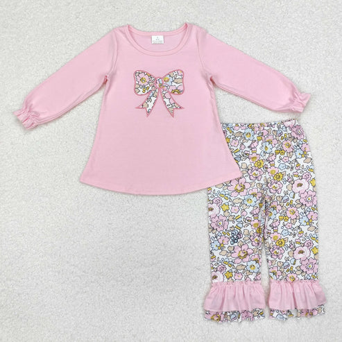 10.31 Sibling Embroidery Floral Bows Baby Girls Ruffle Pants Clothes Footie Rompers