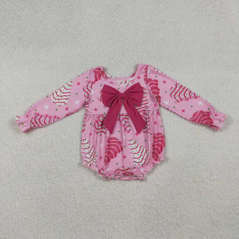 10.31 Sibling Baby Girls Pink Stripe Trees Stars Bow Christmas Knee Ruffle Length Dresses Rompers