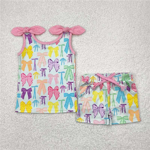 4.25 Sibling Baby Girls Colorful Bows Tops Shorts Outfits Sets