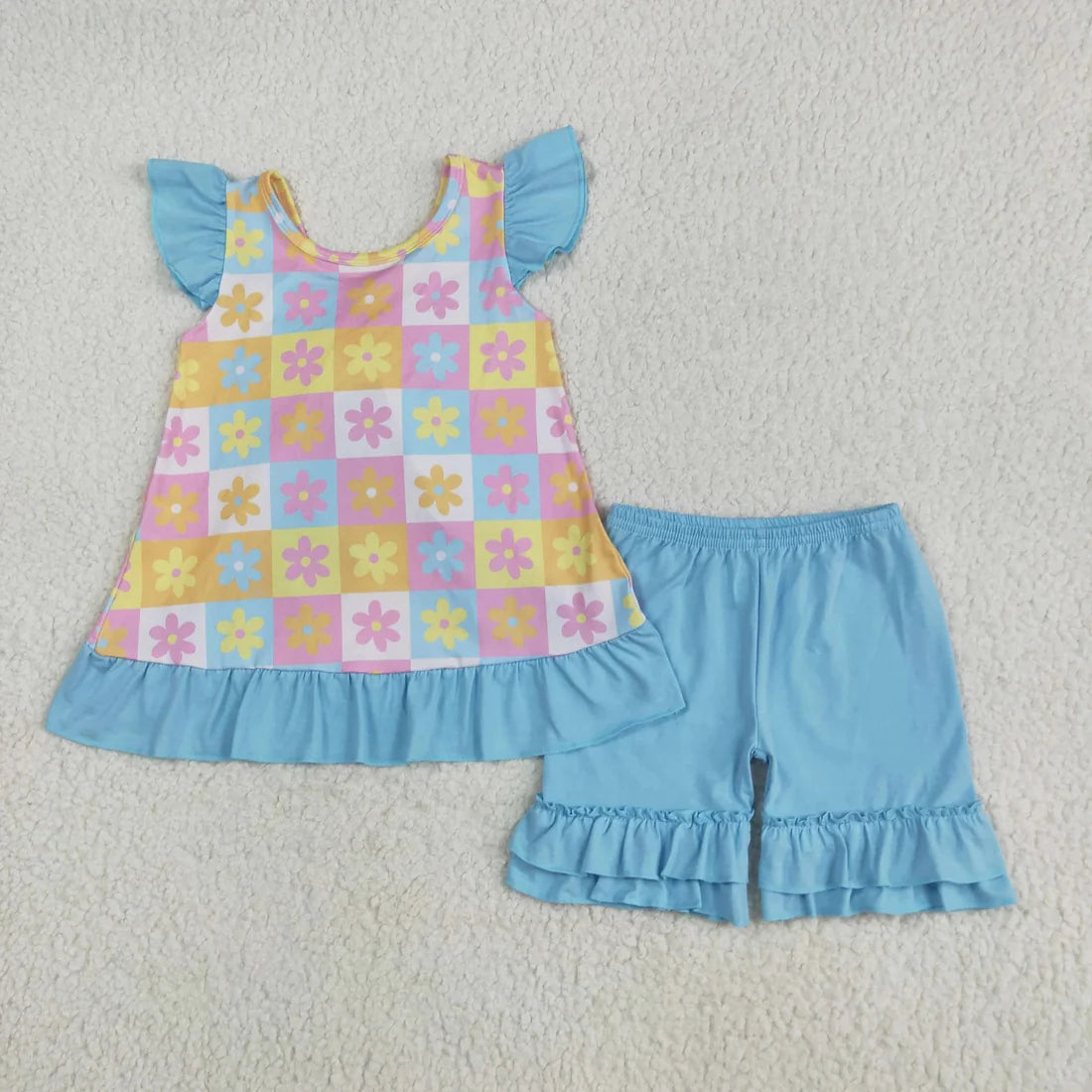 6.13 Sibling Baby Girls Blue Flutter Sleeves Flowers Plaid Tunic Ruffle Shorts Sets Rompers