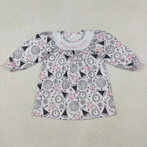 10.31 Sibling Embroidery Happy New Year Baby Girls Knee Length Dresses Ruffle Rompers