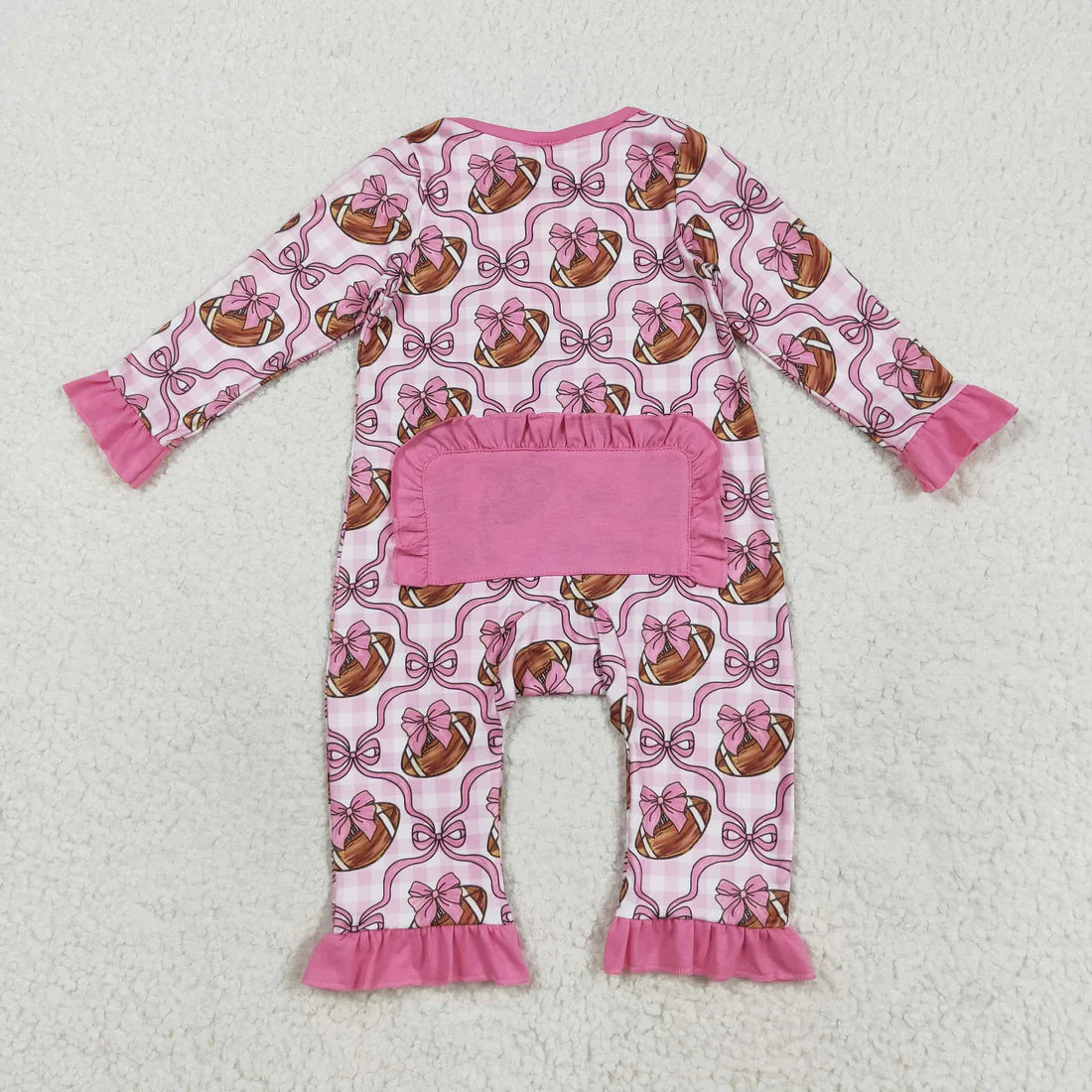 8.18 LR2361 Baby Girls Long Ruffle Sleeves Pink Bows Footballs Zipper Romper