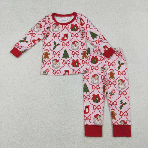 10.31 Mama and Me Bows Santa Socks Checked Top Pants Christmas Pajamas Sets Zipper Rompers