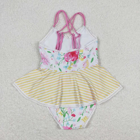 S0250 Floral striped lace orange and white halter one-piece swimsuit
