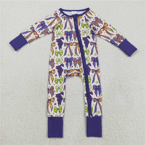 8.16 Sibling Baby Kids Purple Bows Stars Plaid Pajams Sets Zipper Footie Rompers