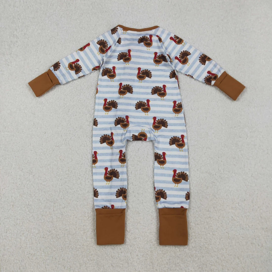 10.17 LR1191 Baby Infant Boys Thanksgiving Turkey Stripe Zipper Footie Romper