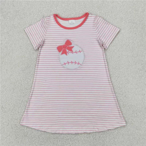 4.14 Sibling Embroidery Baby Girls Stripe Bows Baseball Knee Length Dresses