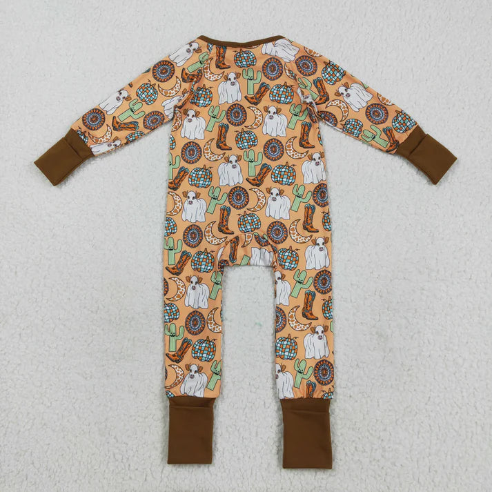 8.21 LR2463 Baby Boys Long Sleeves Cactus Boots Cows Zipper Pant Romper