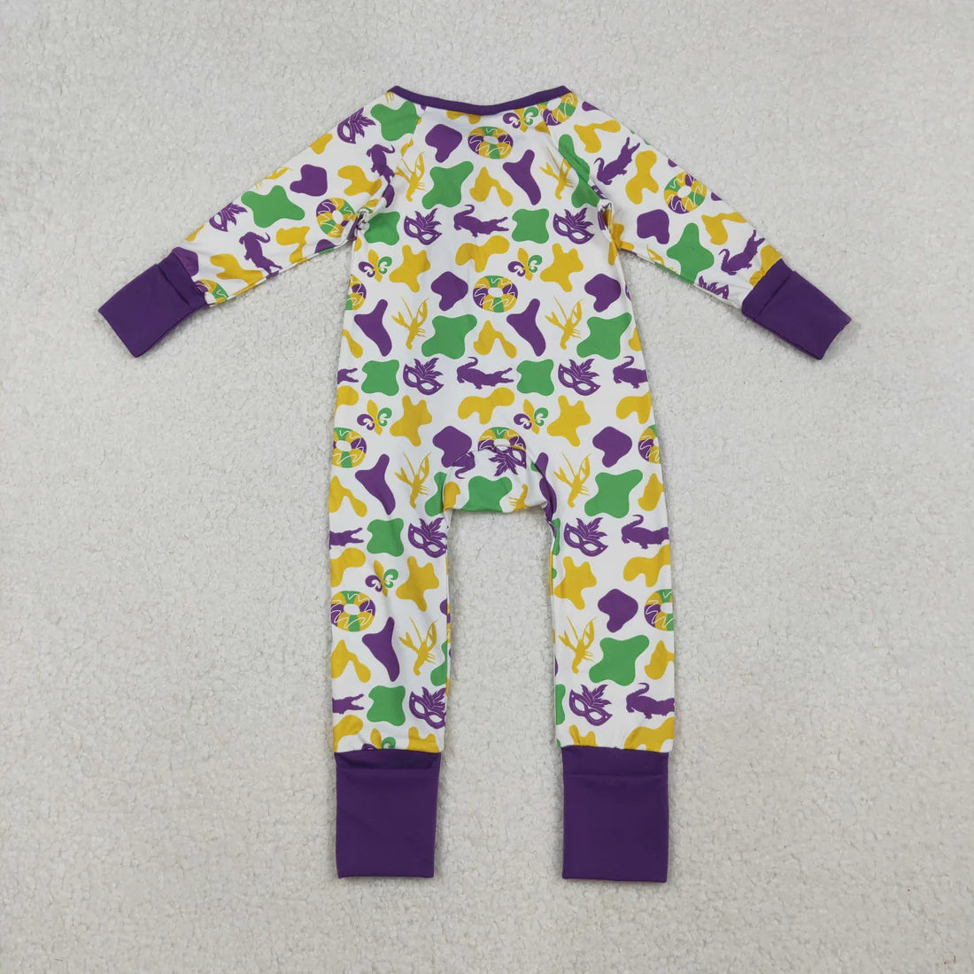 10.17 LR2637 Baby Boys Purple Yellow Green Camo Crayfishes Mardi Gras Zipper Footie Romper
