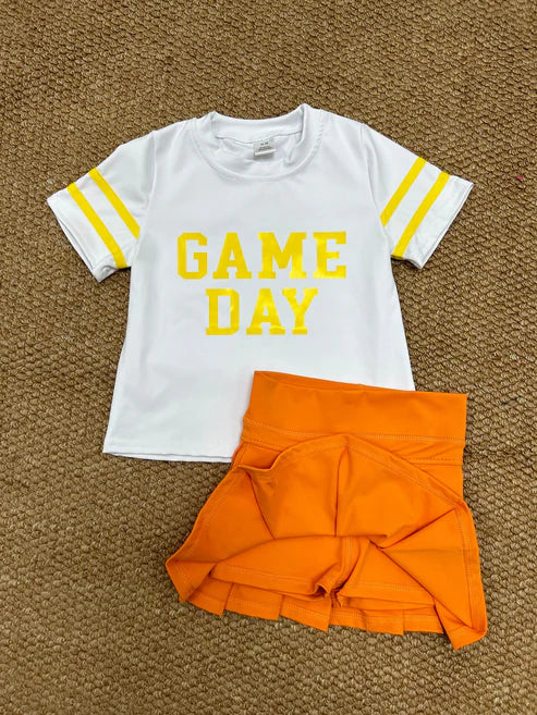 8.23 GT1115+GLK0109 Baby Girls Vinyl Yellow Game Day Top Orange Pleated Skorts Yoga Active Team Set