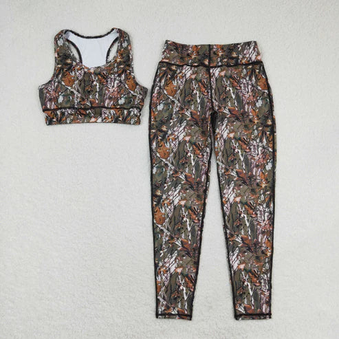 GSPO1460 Adult Women Camo Leaves Vest Top Pants Yogo Sports Clothes Set