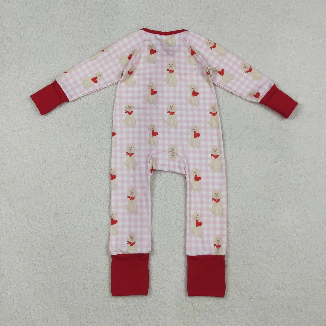 10.18 LR2681 Baby Girls Pink Checked Dogs Hearts Valentine Ruffle Zipper Footie Romper