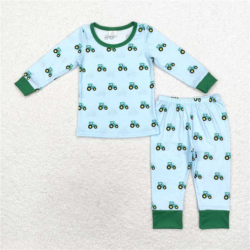 6.26 Baby Boys Green Tractors Sibling Bamboo Rompers Pajamas Clothes Sets