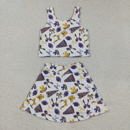 10.31 Sibling Baby Girls Purple Bows Footballs Team Shorts Yoga Clothes Set Knee Length Dresses