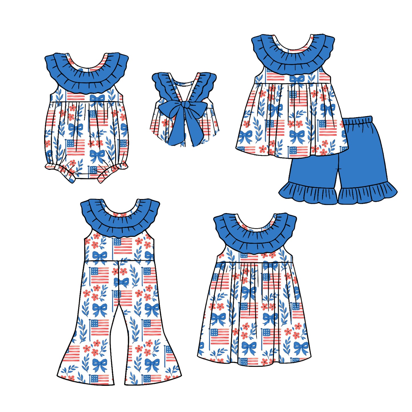 26.1.1 Custom MOQ:3 or 5 pcs each design milk silk Sibling baby girl clothes flag bow short sleeve shorts sets and dress and romper and jumpsuit