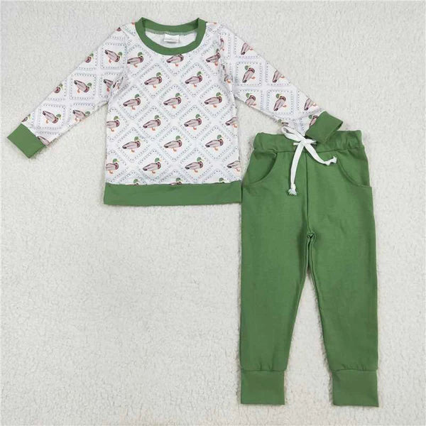 8.2 Sibling Baby Boys Long Sleeves Green Ducks Plaid Top Pants Western Set