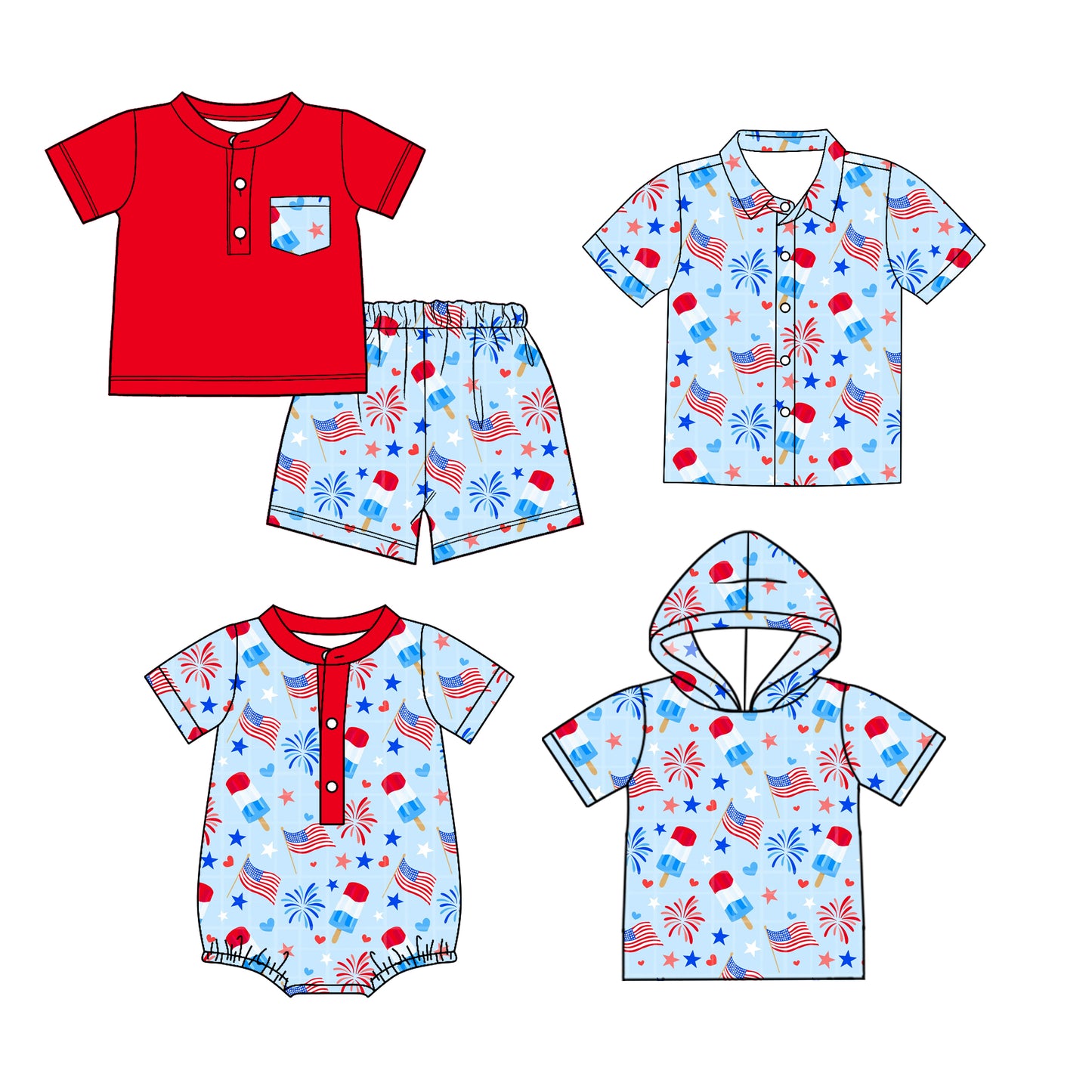 26.1.19 Custom MOQ:3 or 5 pcs each design milk silk Sibling baby boy clothes flag short sleeve shorts sets and tops 2 and romper