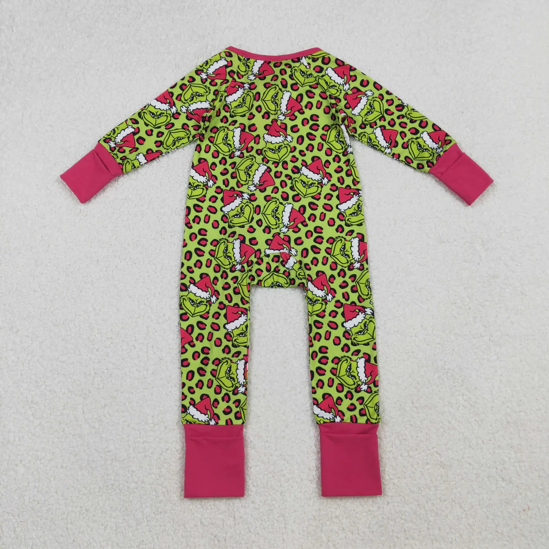 10.16 LR2520 Baby Girls Christmas Green Face Leopard Ruffle Zipper Footie Romper