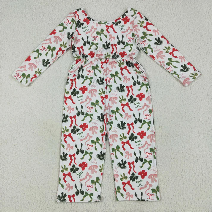 9.4 Sibling Baby Girls Christmas Green Red Bows Pockets Jumpsuits Knee Length Dress
