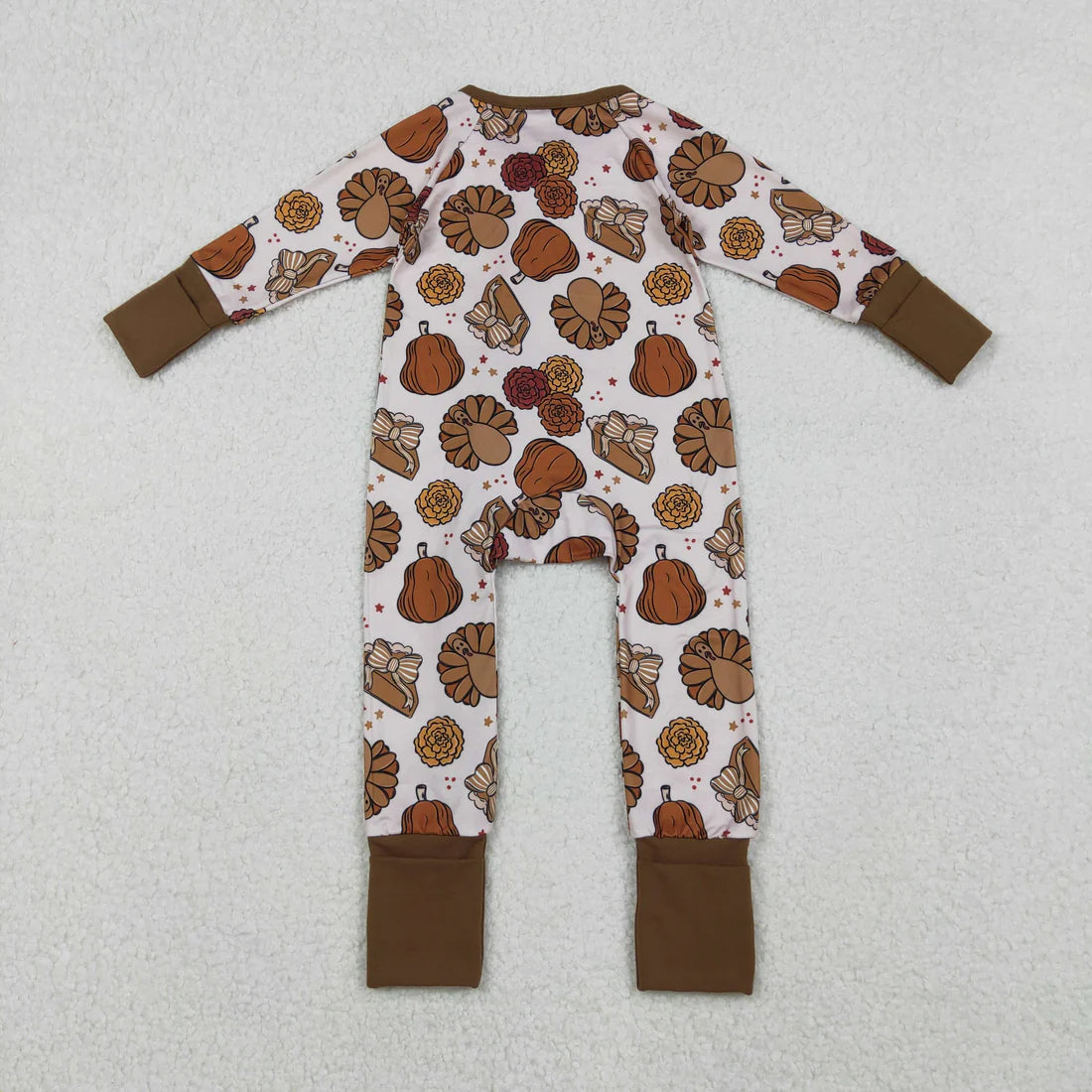 10.22 LR2690 Baby Boys Pie Turkey Pumpkins Thanksgiving Zipper Footie Romper