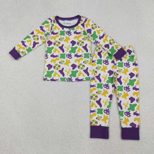 10.31 Sibling Baby Boys Mardigras Camo Crayfishes Top Pants Pajamas Sets Zipper Footie Rompers