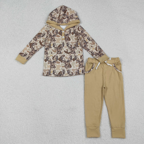 10.31 Sibling Baby Boys Khaki Camo Deer Hoodies Pockets Leggings Hunting Clothes Set Footie Rompers