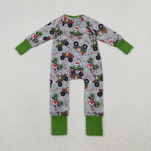 11.5 LR2669 Baby Boys Trucks Candy Cane Christmas Zipper Footie Romper