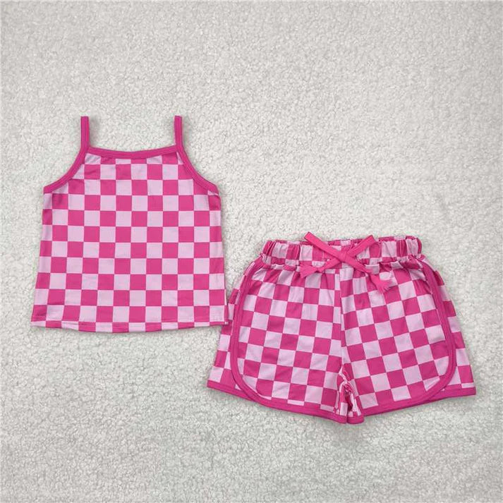 6.16 Sibling 4 Colors Baby Girls Strap Plaid Top Short Sports Sets