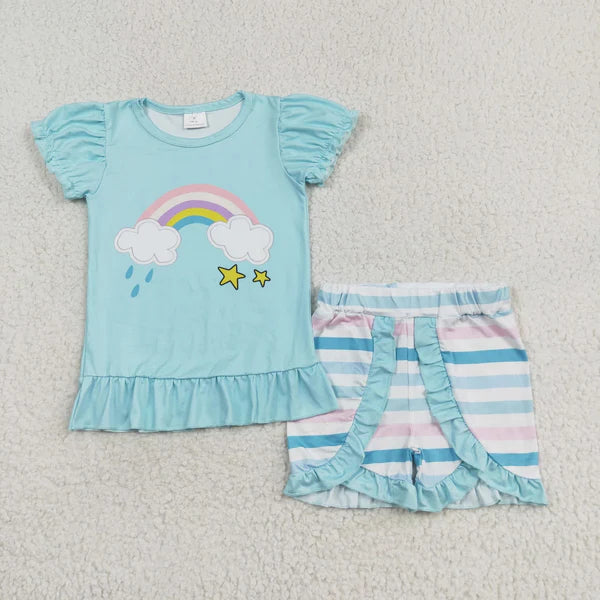 5.27 Sibling Baby Girls Positive Rainbow Shirts Top Ruffle Shorts Clothes Sets