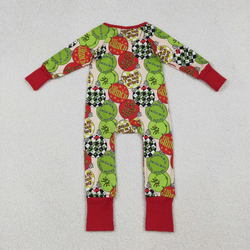 LR2658 Baby Boys Red Green Face Lights Christmas Zipper Footie Romper
